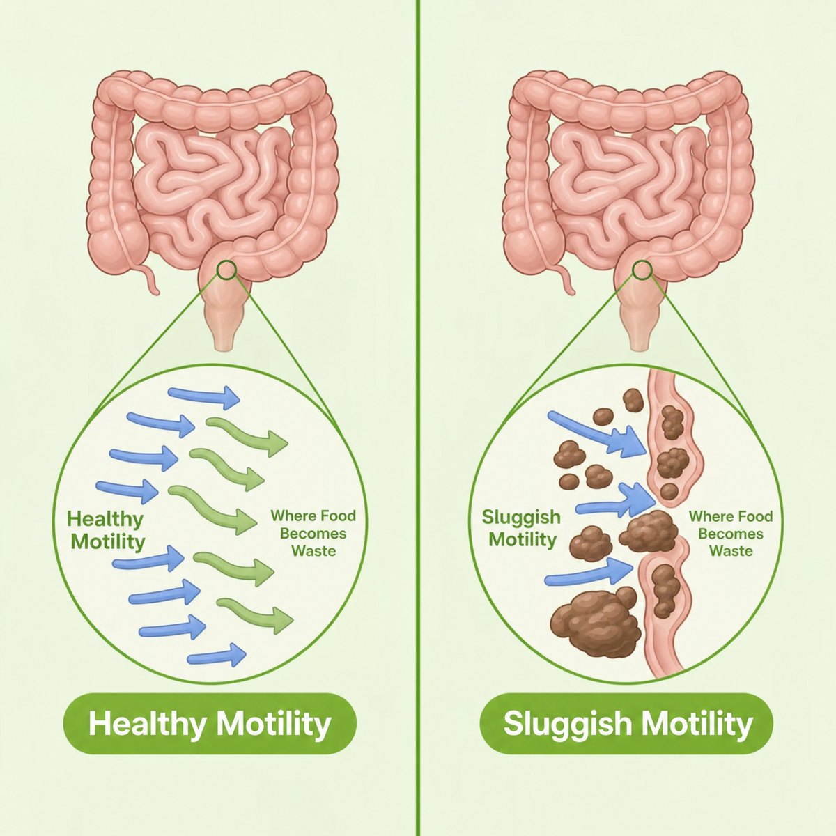 Anatomical comparison — Healthy gut motility vs. Sluggish gut motility on GLP-1