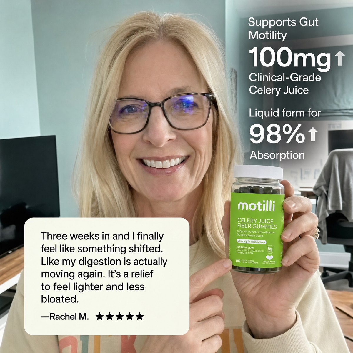 GLP-1 user holding Motilli bottle with apigenin / 50mg standardized stats and verified testimonial