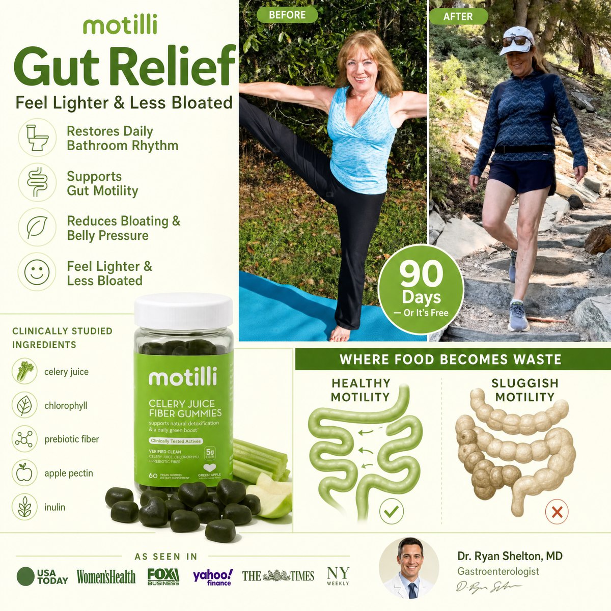 Lifestyle before/after — woman going from drained to energetic mornings on Motilli